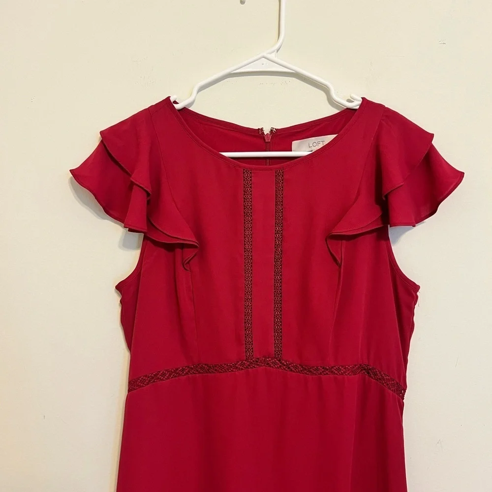 2/$30 LOFT - Raspberry Short Sleeve Mid Length Dress with Flutter Sleeves Size 6 - Picture 3 of 7
